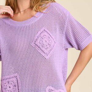 Umgee Lavender Knit Short Sleeve Top with Crochet Details